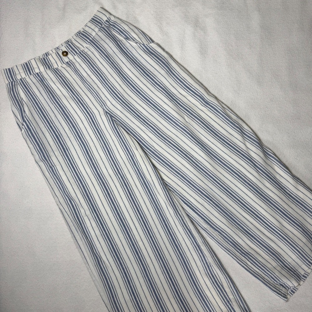 Hollister Ultra High Rise Wide Leg Linen Blend Striped Pants Blue White Large